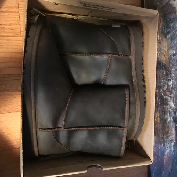 UGG Shoes - Short Chocolate Leather Uggs in box.